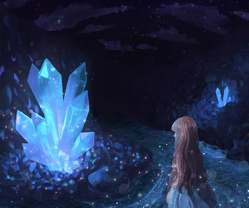 Crystal Cave, pretty, crystals, dress, glow, woman, cave, anime, darkness, beauty, river, anime girl, long hair, light, blue, female, lovely, beauitful, blonde hair, water, girl, dark, lady, HD wallpaper