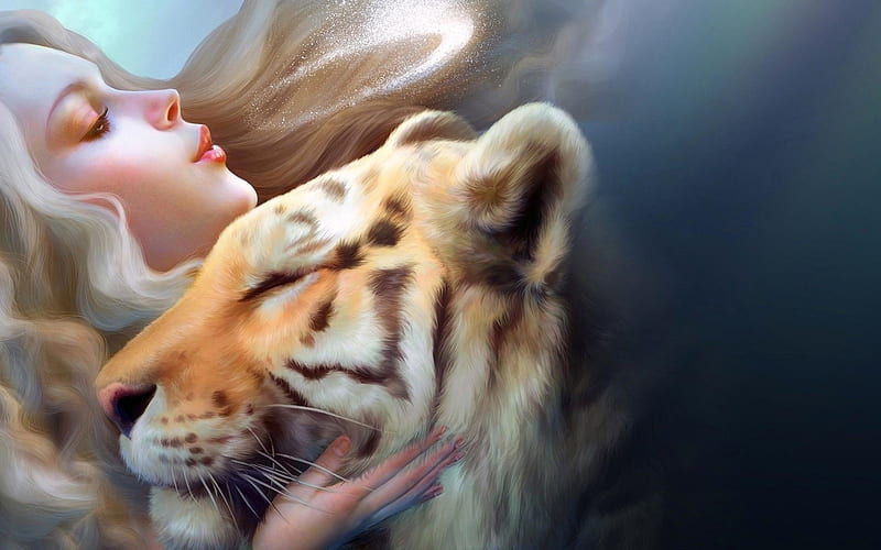 Girl Tiger Art, tiger, artist, girl, digital-art, HD wallpaper