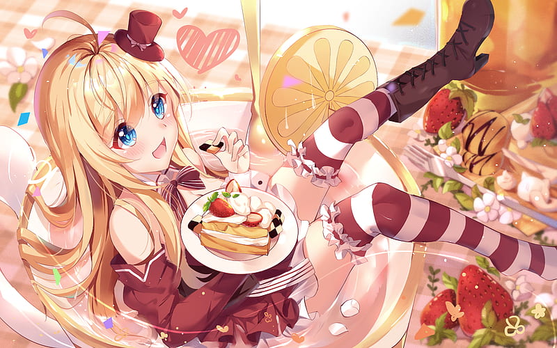 Anime, Noucome, Blue Eyes, Cake, Chocolat (Noucome), Fruit, Girl, Long Hair, HD wallpaper