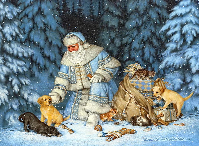 Santa and friends, bonito, adorable, santa claus, sweet, cold, nice, puppies, painting, kitties, evening, friends, frost, night, art, forest, lovely, holiday, christmas, kittens, trees, winter, cute, snowflake, warmth, snow, cats, frozen, gifts, dogs, HD wallpaper