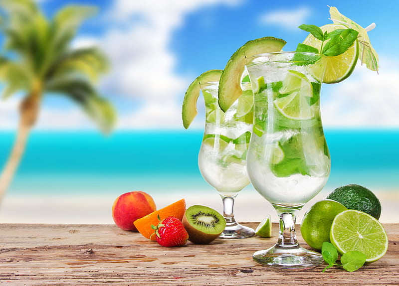 Mojitos, cocktail, juice, fresh, fruits, lime, beach, summer, drink, tropical, mojito, HD wallpaper