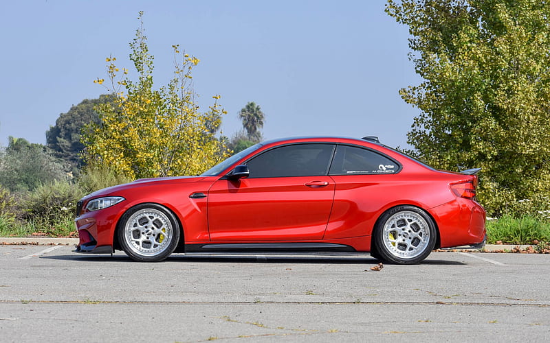 2021, BMW M2 Coupe, F87, side view, exterior, red coupe, tuning M2, tuning F87, german cars, BMW, HD wallpaper
