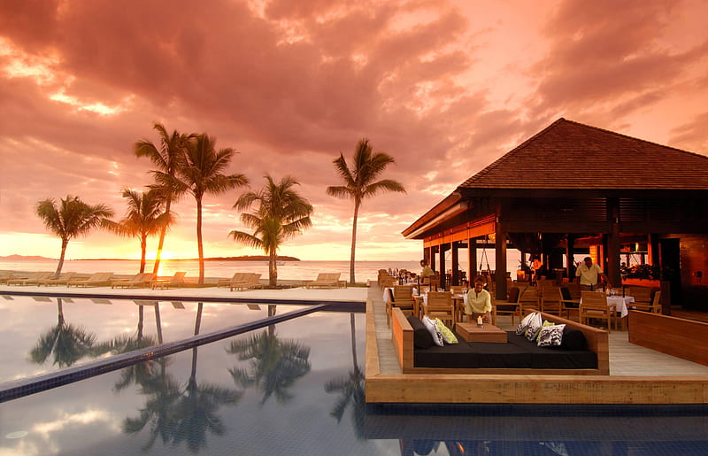 Tropical Sunset Fiji, polynesia, orange, restuarant, bar, dusk, sunset, sea, beach, evening, swimming, exotic, islands, view, ocean, sky, pool, paradise, island, tropical, fiji, HD wallpaper