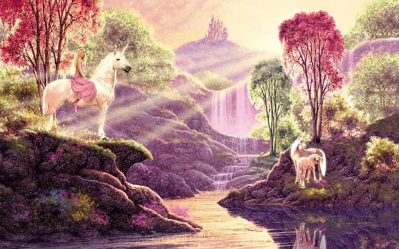 ★Secret Valley★, pretty, attractions in dreams, bonito, valley, rays light, fantasy, love, flowers, animals, lovely, unicorn, colors, love four seasons, trees, waterfalls, castles, nature, princess, HD wallpaper
