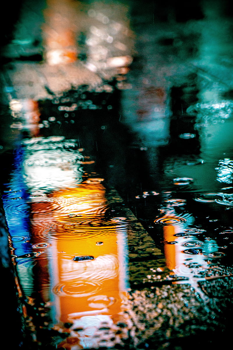 puddle, rain, drops, neon, reflection, lights, HD phone wallpaper