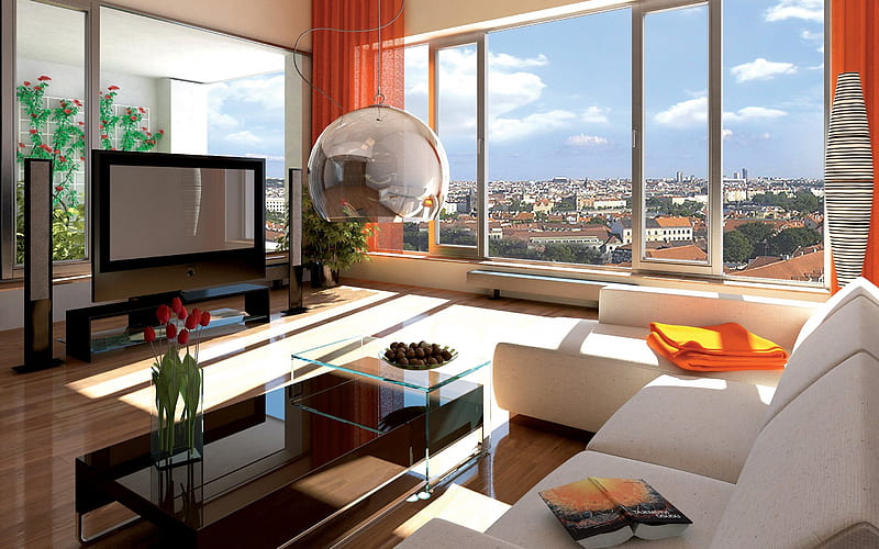 living room, modern living room design, chair ball, suspension seat, orange interior, HD wallpaper