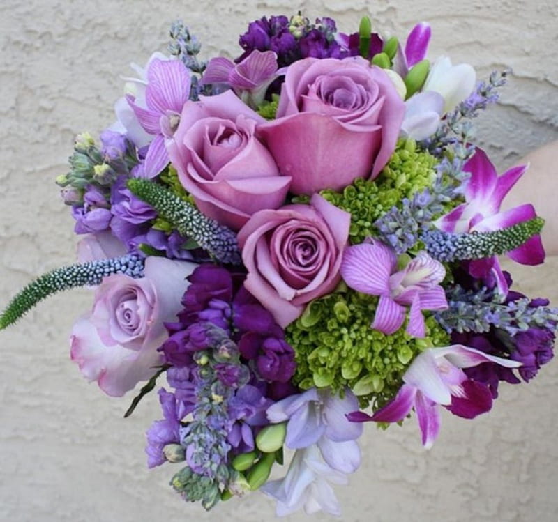 Purple Bouquet, purple, bouquet, flowers, lilies, nature, roses, HD wallpaper