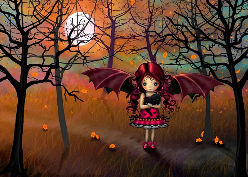 Little Vampire of Halloween, moons, colorful, fall season, draw and paint, autumn, halloween, love four seasons, attractions in dreams, cat, leaves, fantasy, paintings, vampire, HD wallpaper