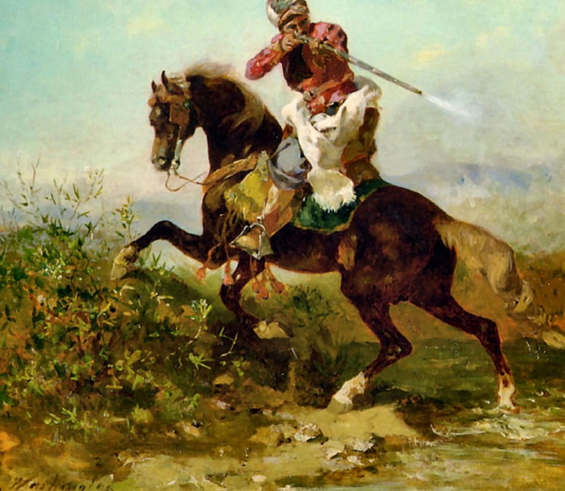 An Arab Warrior, art, old master, Georges Washington, Washington, equine, bonito, horse, artwork, Arab, animal, warrior, painting, wide screen, oldmaster, HD wallpaper