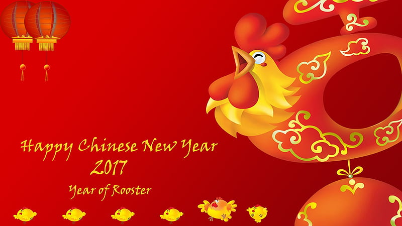 Happy Chinese New Year!, red, rooster, fire, zodiac, yellow, new year, chinese, card, HD wallpaper