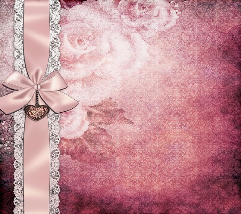 Vintage Romance, romance, lace, background, bow, love, heart, texture, pink, vintage, HD wallpaper