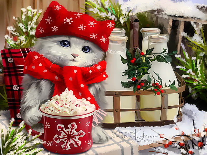 Snow milk, pretty, adorable, sweet, cold, frost, art, holiday, christmas, kitty, cat, winter, hat, cute, pet, snow, snowflakes, ice, milk, kitten, HD wallpaper