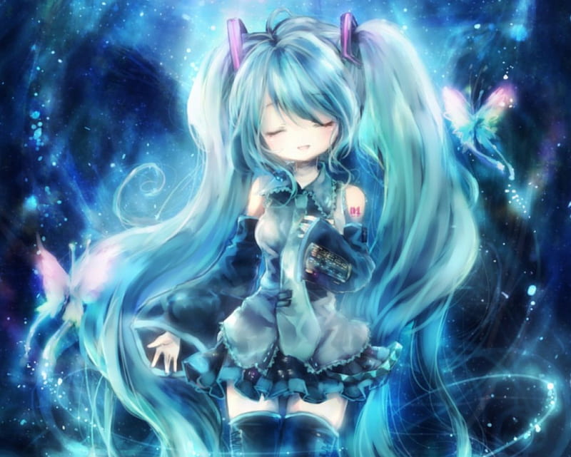 Cute kawai anime girl wallpaper with blue hair