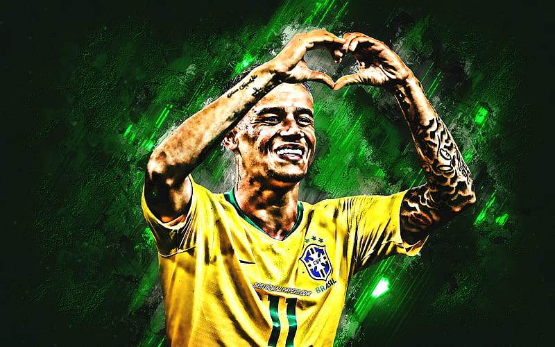 Coutinho, green stone, Brazil National Team, goal, Philippe Coutinho, soccer, footballers, neon lights, football stars, grunge, Brazilian football team, HD wallpaper
