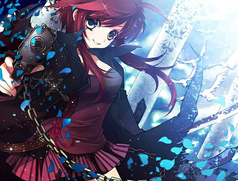 Anime Girl - HARD BULLET, chain, red hair, smile, gun, HD wallpaper | Peakpx