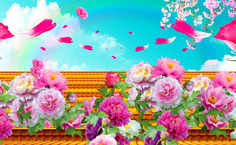Beautiful flowers, art, rose, flowers, bench, desenho, HD wallpaper