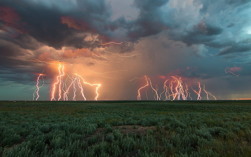 Evening Storm in Kansas, USA, America, clouds, lightning, field, HD wallpaper