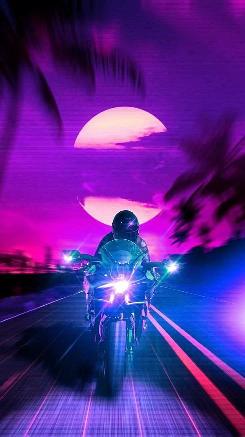 Synthwave Rider, city, horizon, lights, motorbike, neon, outrun, rider, sun, synth, synthwave, HD phone wallpaper