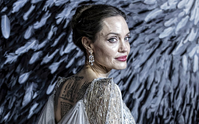 Angelina Jolie, american actress, hoot, beautiful gray dress, american stars, popular actresses, HD wallpaper