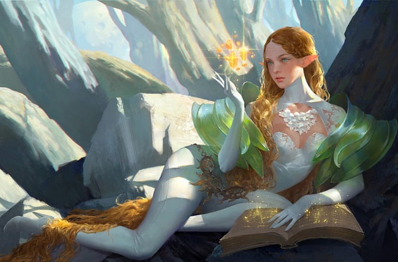 Book of Spells, spells, elf, book, bonito, white, HD wallpaper