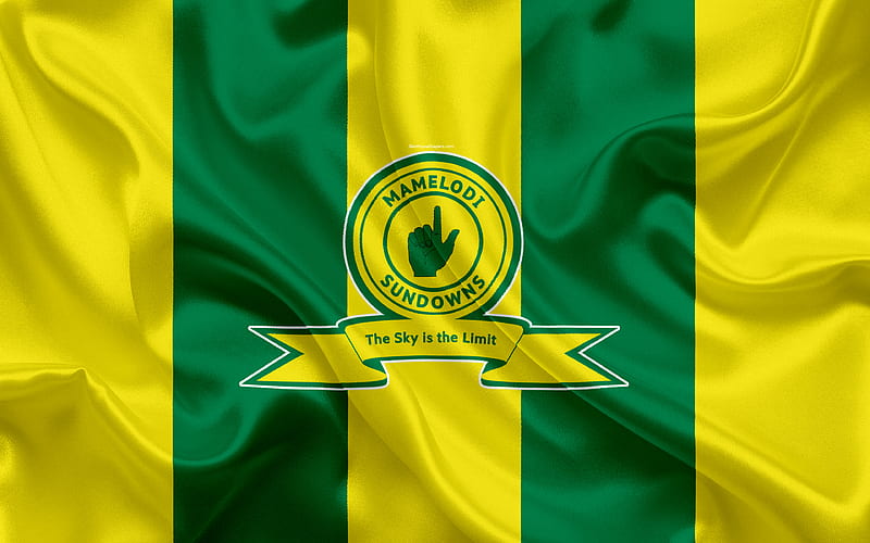 Mamelodi Sundowns FC logo, green yellow silk flag, South African football club, emblem, Premier League, Pretoria, South Africa, football, silk texture, HD wallpaper