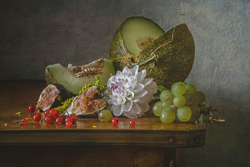 Food, Still Life, Currants, Fig, Fruit, Grapes, Melon, HD wallpaper