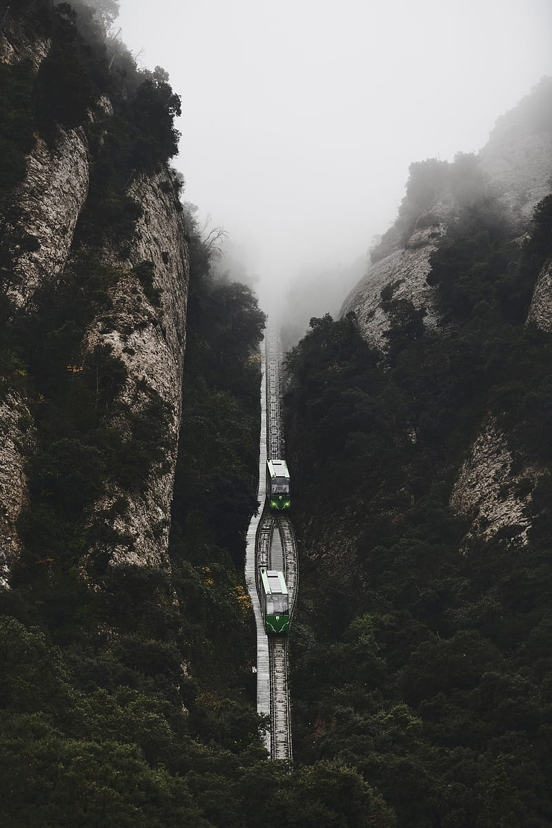railway, fog, train, mountains, aerial view, HD phone wallpaper