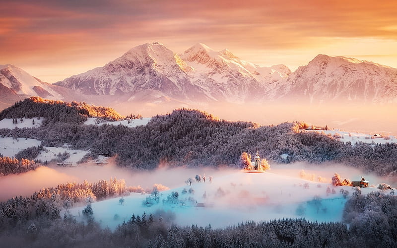 mountain landscape, winter, snow, shchakat, evening, Slovenia, HD wallpaper