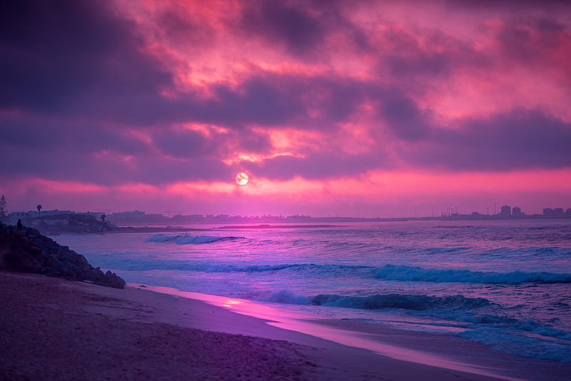 sea, sunset, waves, surf, shore, horizon, HD wallpaper