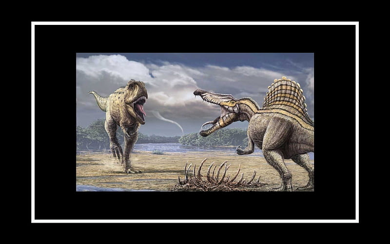 Carcharodontosaurus and Spinosaurus, beneteau, animal, t-rex, paleontology, nice, tyrannosaurus rex, prehistory, reptiles, reptile, animals, amazing, dinosaurs, carcharodontosaurus, black, monsters, cool, tyrannosaurus, drawing, prehistoric, awesome, monster, spinosaurus, great, dinosaur, tyrannosaur, HD wallpaper