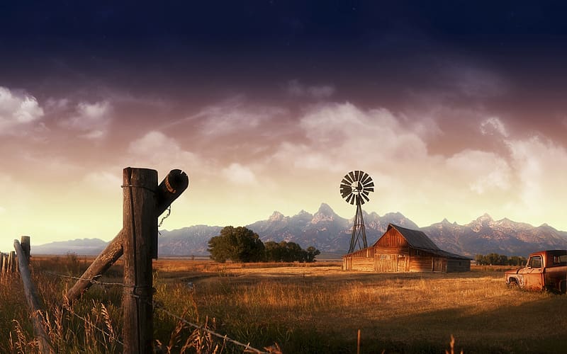 An Old Ranch, windmill, old, barn, ranch, field, farm, sky, homestead, HD wallpaper