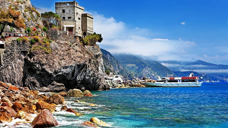tourists sightseeing a castle on a rocky seacoast, tourists, boats, cliffs, castle, coast, sea, HD wallpaper