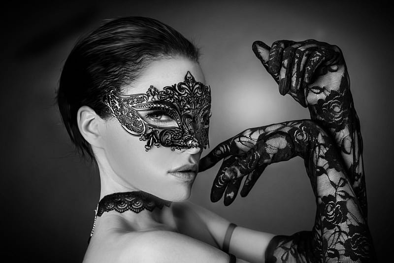 Like a cat, joachim bergauer, model, lace, black, woman, gloves, girl, bw, beauty, white, mask, HD wallpaper