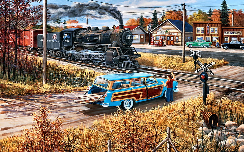 Deerwood Crossing F, railroad, art, locomotive, bonito, illustration, artwork, train, crossing, engine, car, painting, auto, wide screen, tracks, HD wallpaper