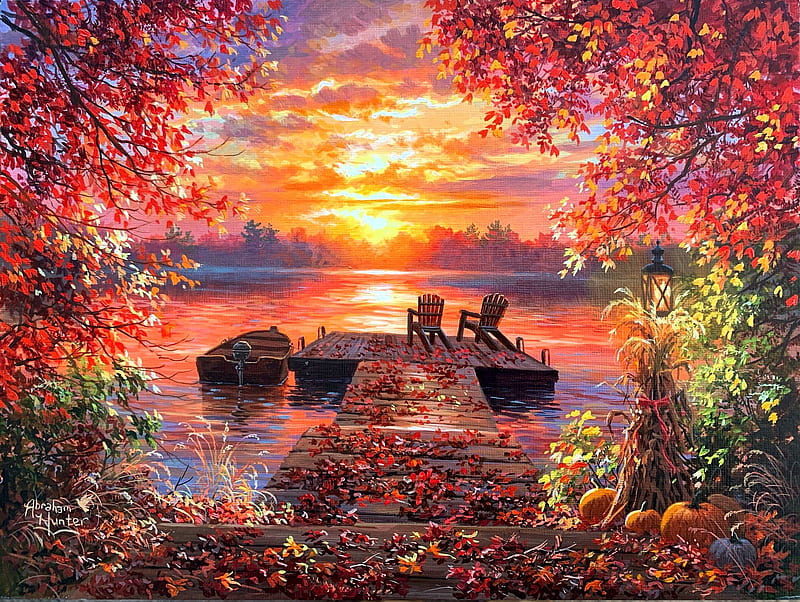 Tennessee River Sunset, colors, chairs, sky, trees, clouds, pier, colorsartwork, boat, leaves, painting, pumpkins, HD wallpaper