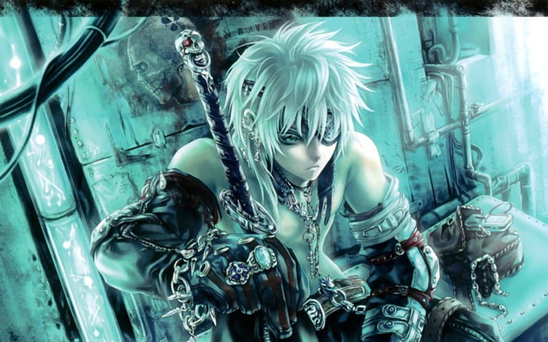 Epic fighter, white hair, chains, blue eyes, patch, sword, blue, HD wallpaper