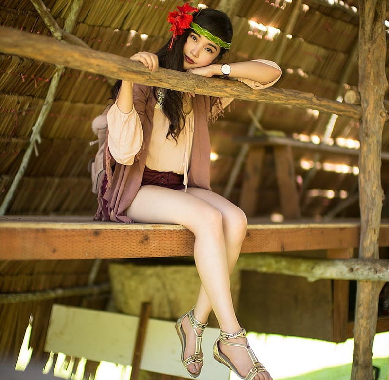 Alodia Gosiengfiao, cream blouse, sitting, barbie look, red hibiscus, barn scene, purple pants, head band, brunette, watch, Egyptian style sandals, HD wallpaper