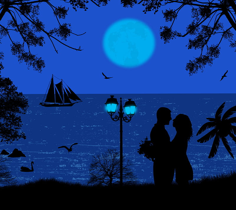 Silhouette Couple, abstract, couple, love, moonshine, night, sillhouette, vector, HD wallpaper