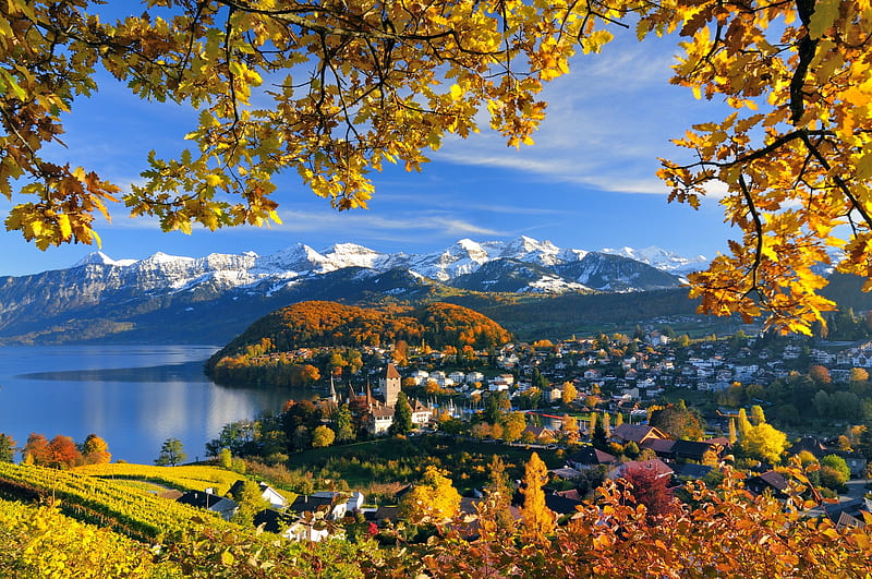 Autumn in Switzerland, autumn, view, town, peaceful, Switzerland, lake, fall, Alps, bonito, mountain, HD wallpaper