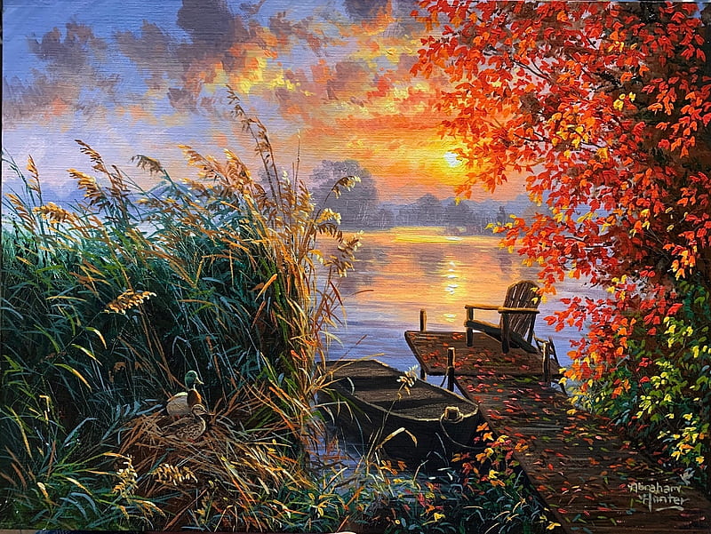 Lakeside Rest, trees, sky, lake, sun, autumn, colors, sunset, artwork, boat, painting, chair, HD wallpaper