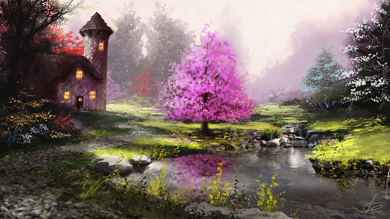 Pink tree, house, luminos, spring, lake, tree, blossom, fantasy, painting, mansion, pictura, pink, HD wallpaper