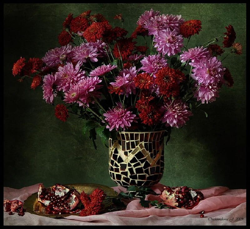 Garnet chrysanthemum, flower, vase, fruit, chrysanthemum, HD wallpaper