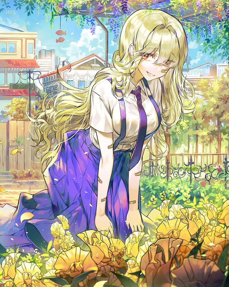 Anime Anime Girls Big Boobs Garden Blonde Tie Long Hair Urban Plants Hd Phone Wallpaper