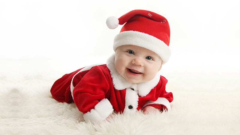 Baby Wearing Santa Claus Dress While Taking Lying on White Mat Cute, HD wallpaper