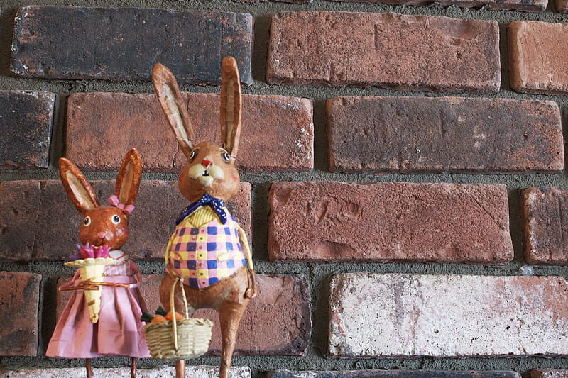 brown rabbit figurine on brown brick wall, HD wallpaper