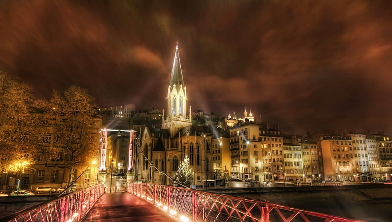 beautiful lit bridge in lyon france r, city, bridge, river, r, church, clouds, lights, night, HD wallpaper
