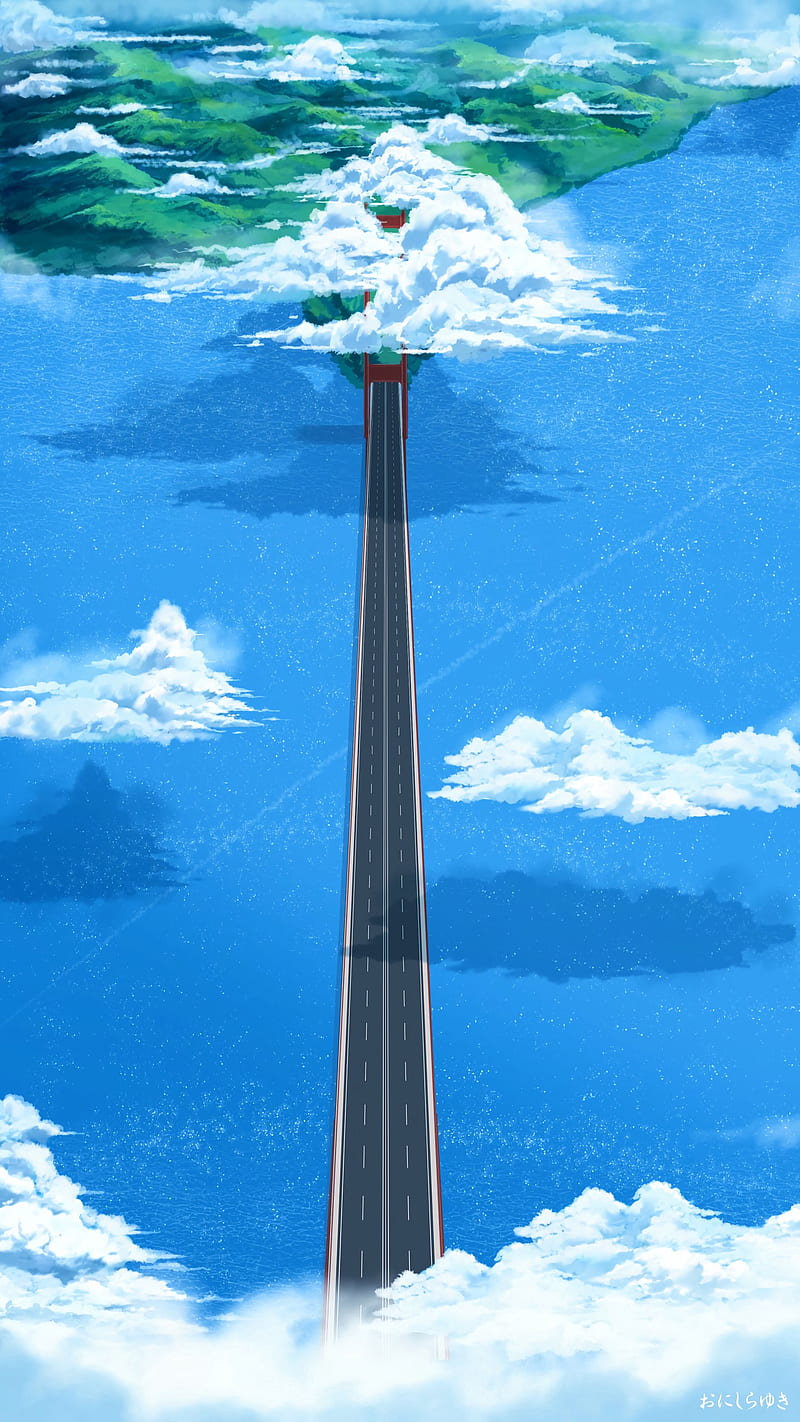bridge, road, aerial view, clouds, water, art, HD phone wallpaper