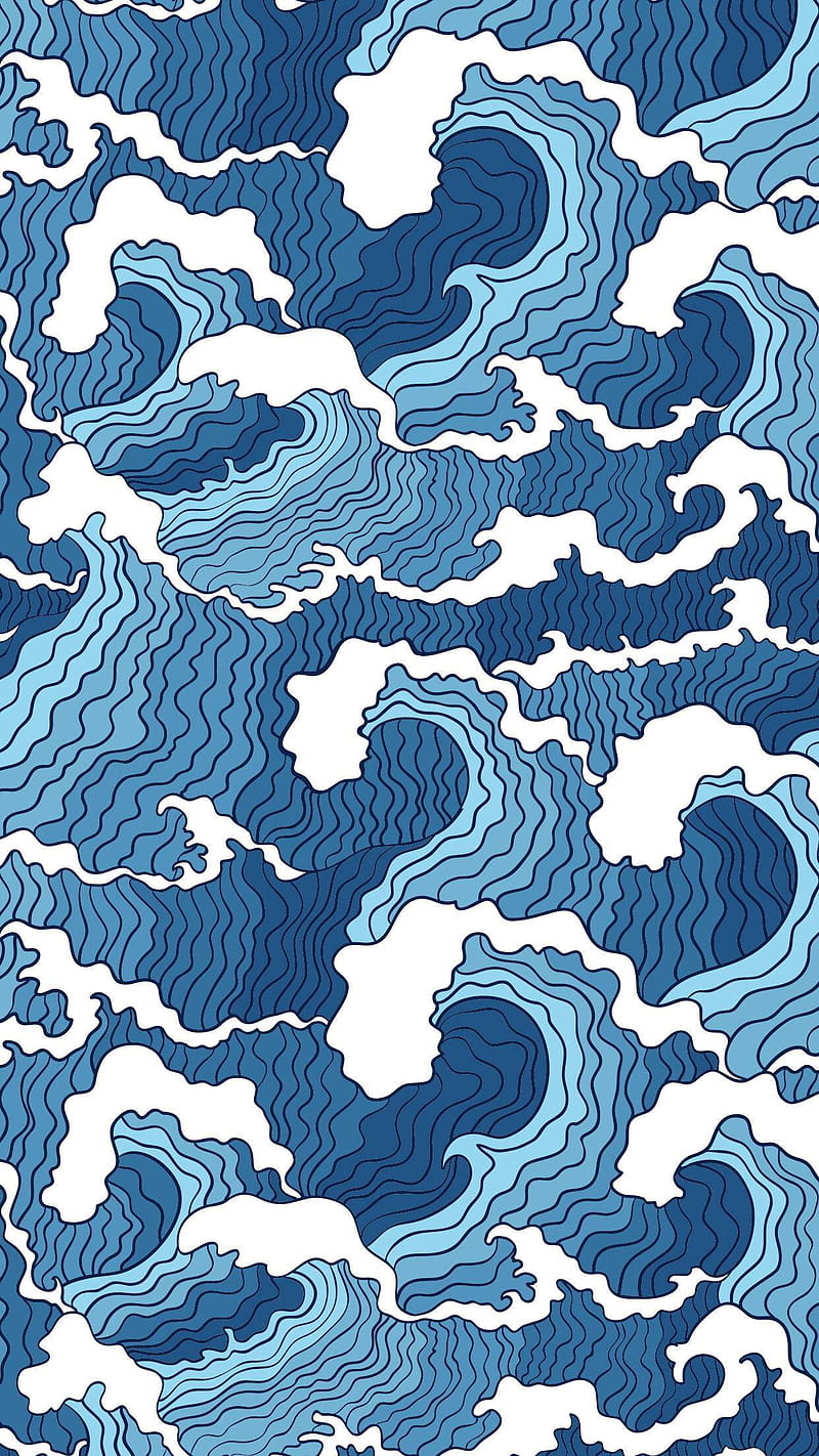 waves, drawing, blue, water, HD phone wallpaper