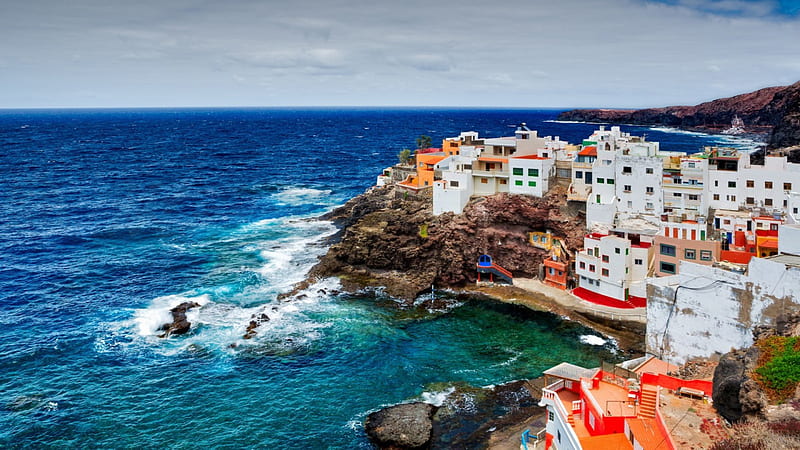 coastal town on spanish canary island, coasr, rocks, cliffs, town, sea, HD wallpaper