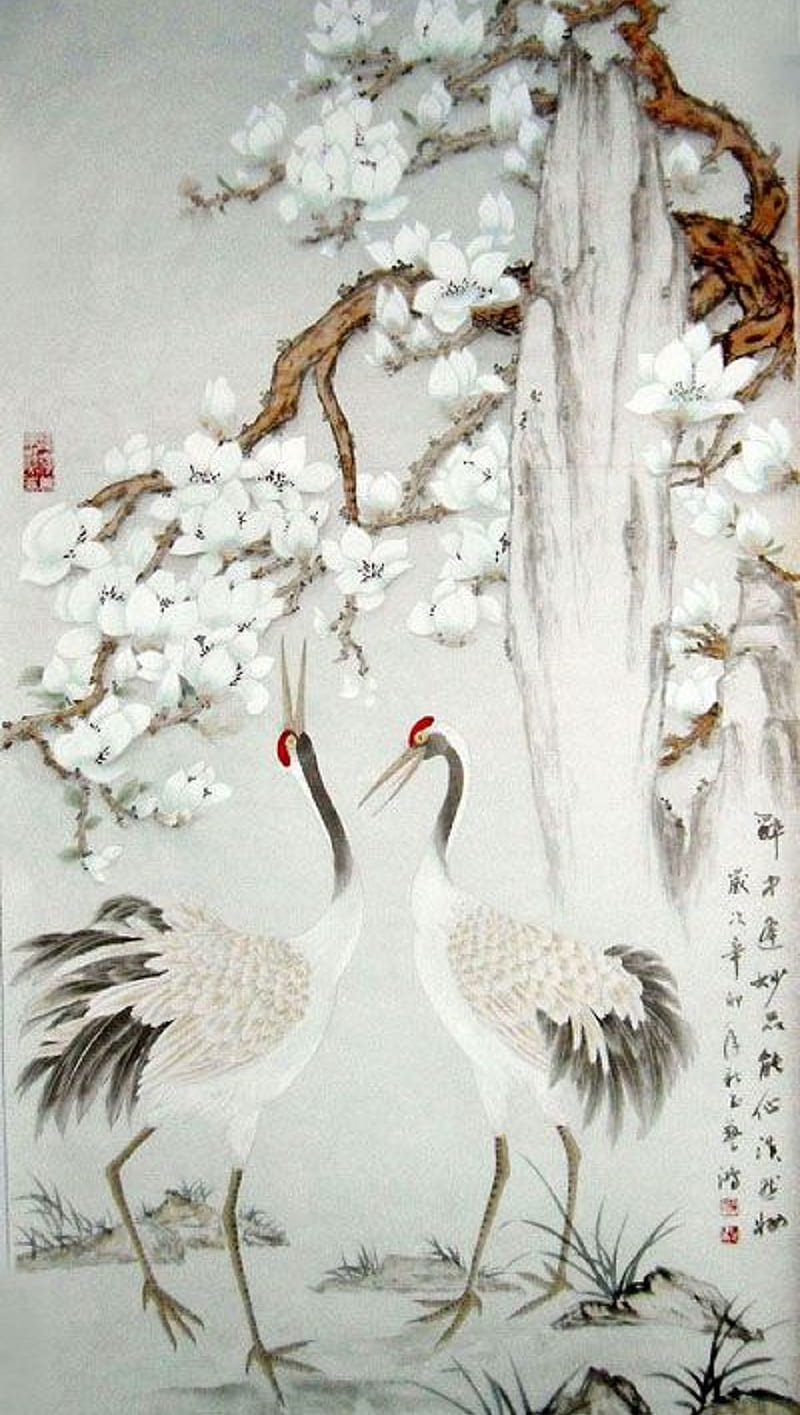 Crane, bird, painting, HD phone wallpaper